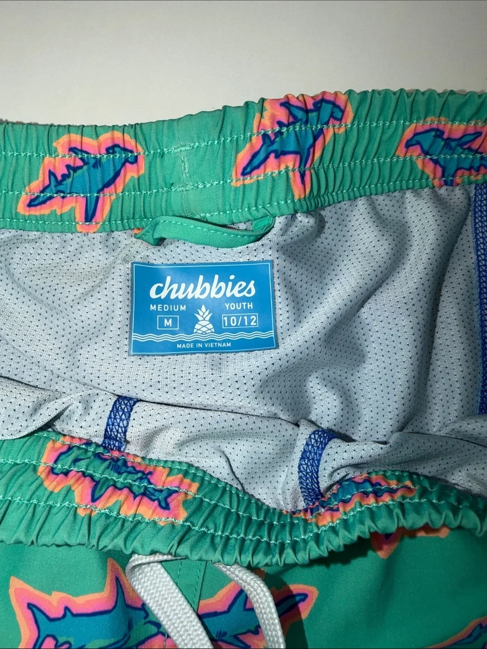 Boy's chubbies Teal Swim Trunks with Neon Shark‎ Print